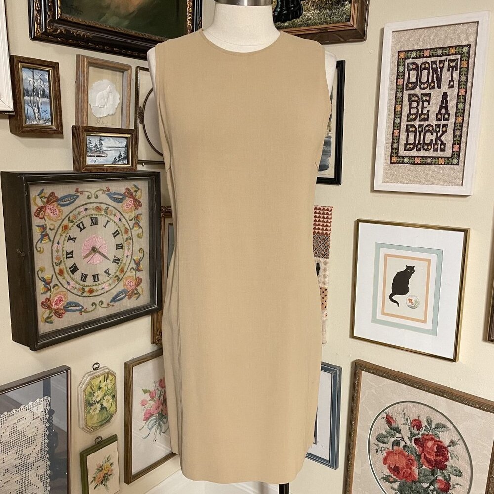 80's Vintage Emanuel Ungaro High Neck Sleeveless Tan Shift Dress Size 10